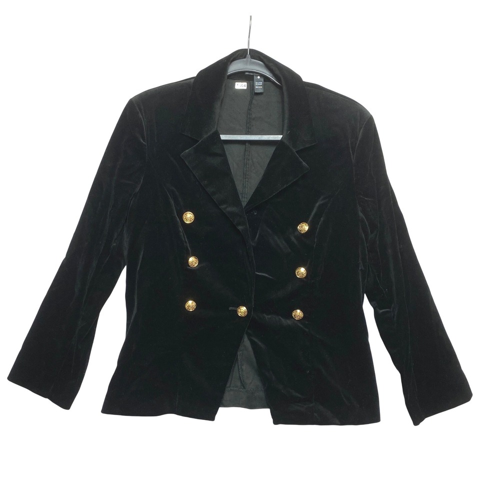 Aqua Double Breasted Blazer Women Large Black Velvet Gold Crest Logo Made in USA